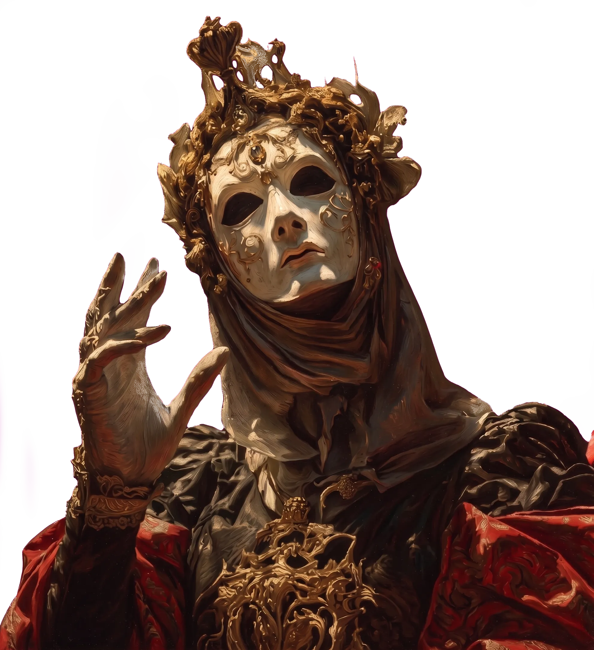Masked figure wearing an ornamental gold crown and a red cloak, the identity image of Queron Technologies