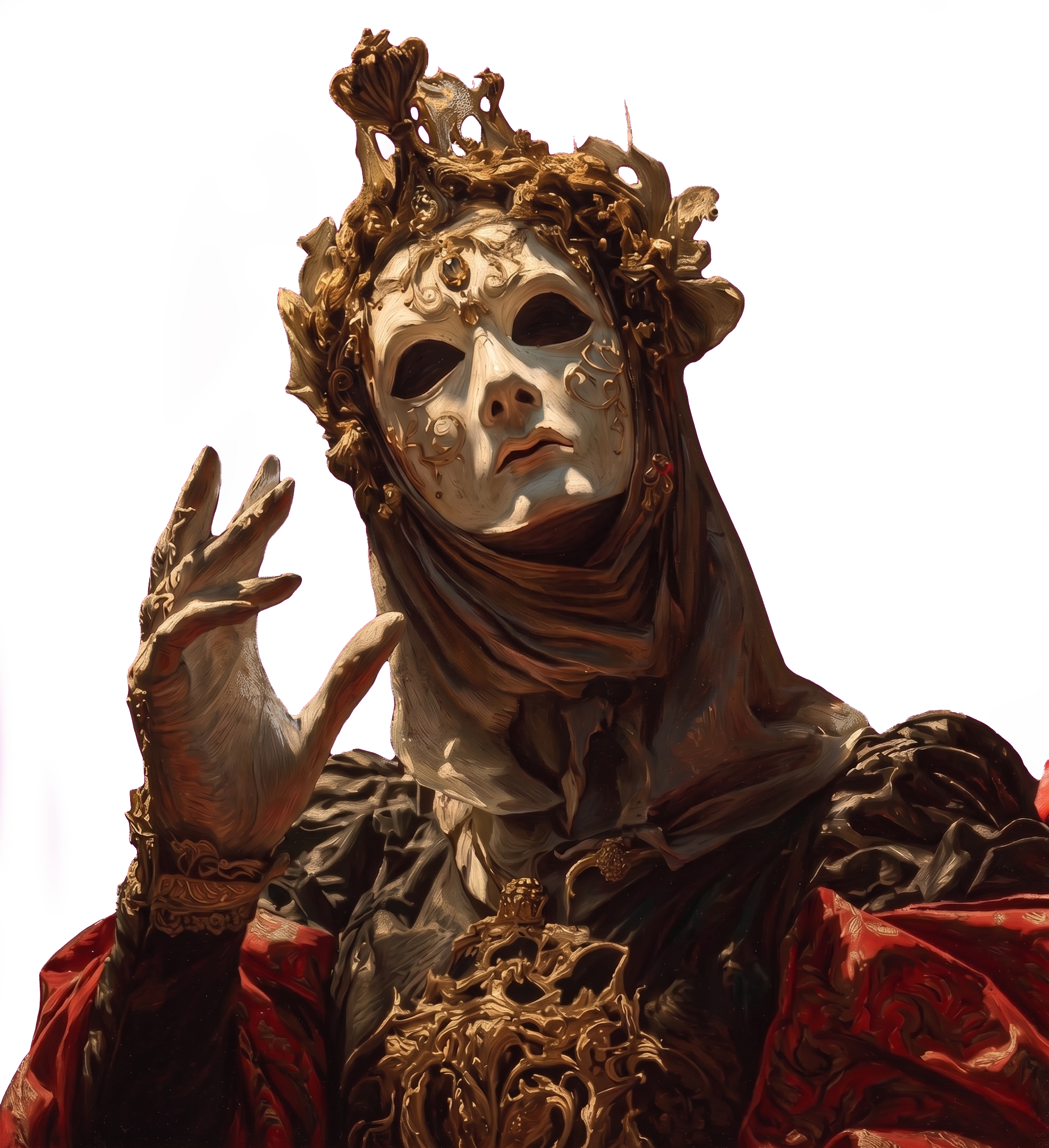 Figura enmascarada con corona ornamental dorada y manto rojo, imagen de identidad de Queron Technologies
